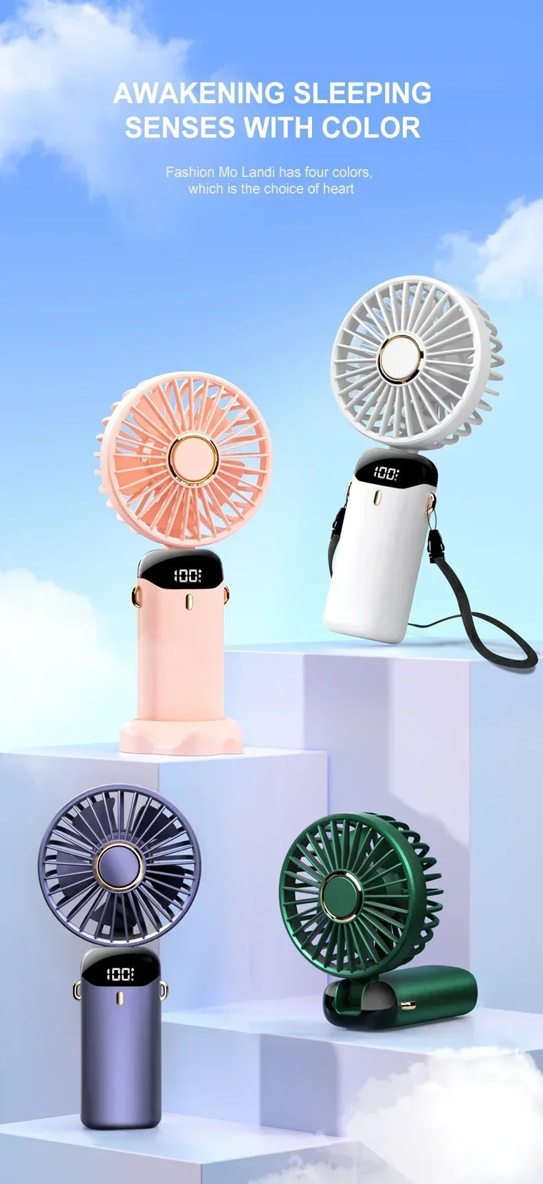 Portable USB rechargeable fan with phone stand and display screen