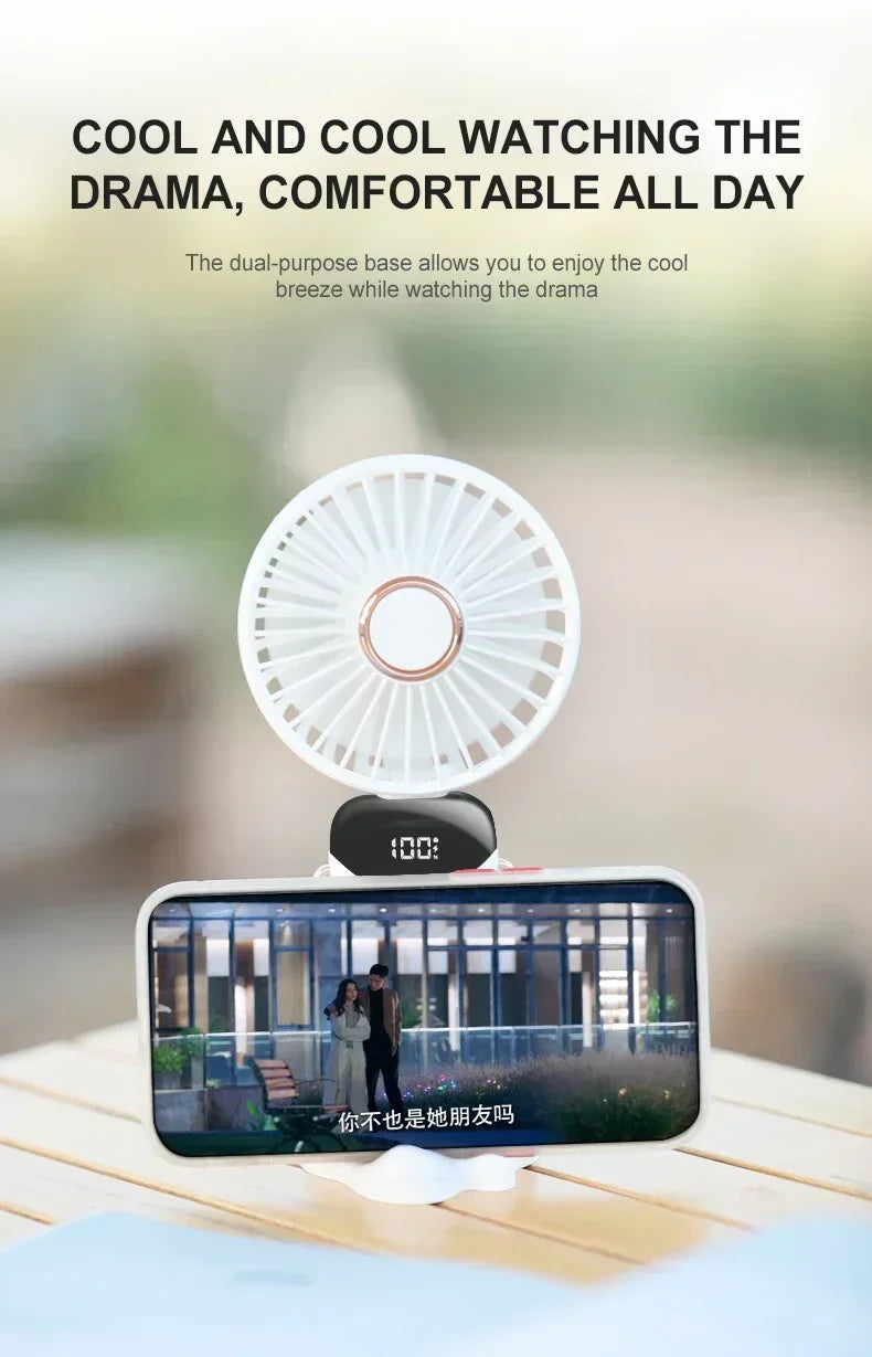 Portable USB rechargeable fan with phone stand and display screen