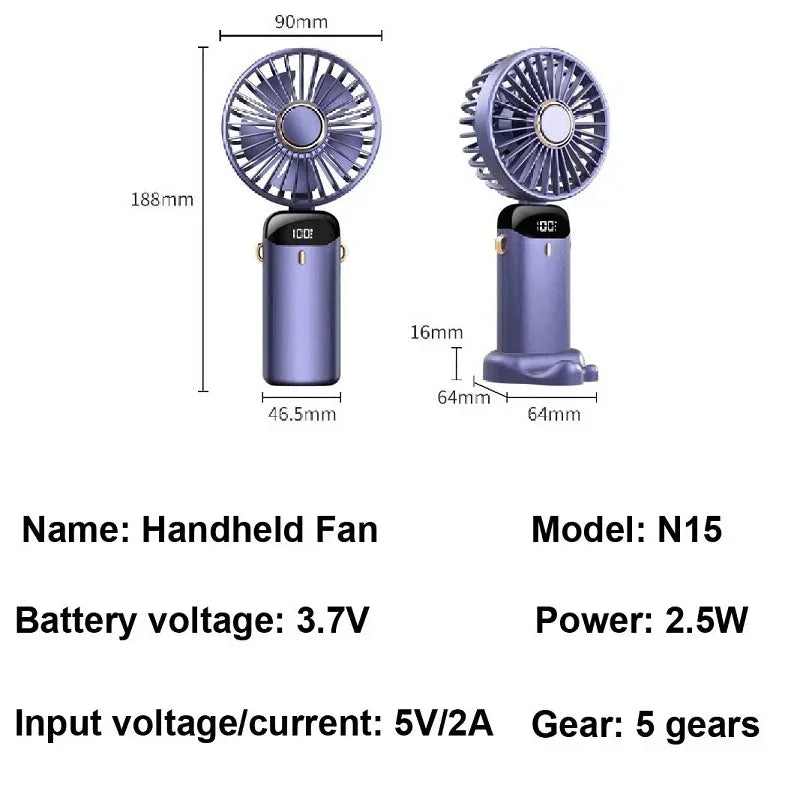 Portable USB rechargeable fan with phone stand and display screen