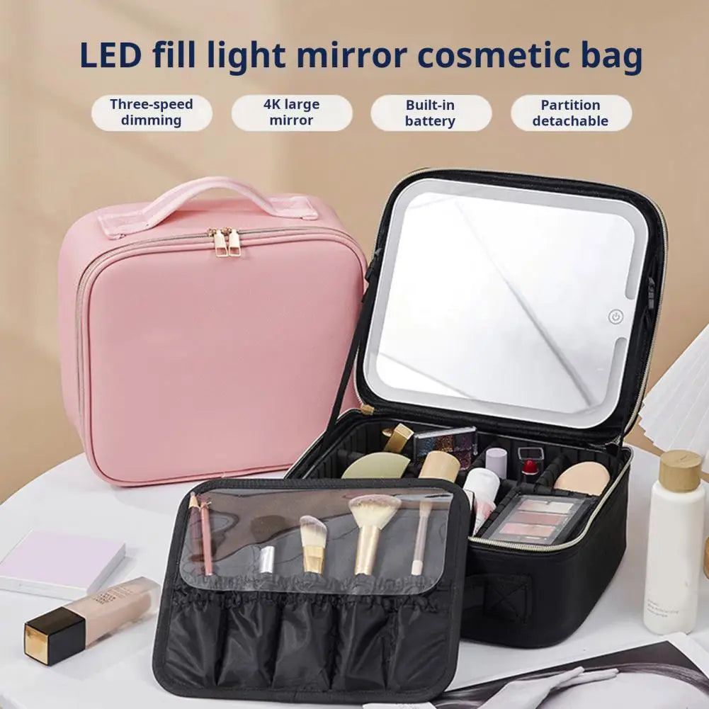 Cosmetic Bag Travel Makeup Organizer with Led Mirror Waterproof Storage Bag for Large Capacity Handle Design for Easy Carrying