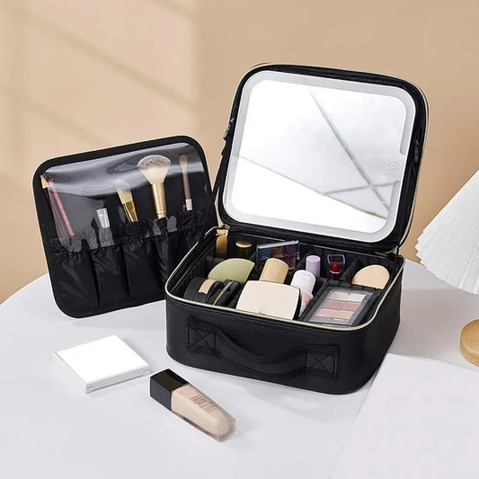 Cosmetic Bag Travel Makeup Organizer with Led Mirror Waterproof Storage Bag for Large Capacity Handle Design for Easy Carrying